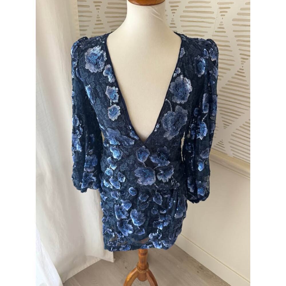 For Love & Lemons Medium Victoria Blue Floral Sequin Embroidered Mini Dress - Picture 4 of 10